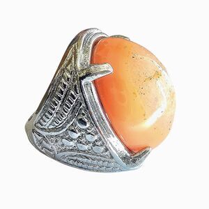 Sunstone Oval Cabochon Ring Silver Tone Statement Etched Band Vintage Style 8.5